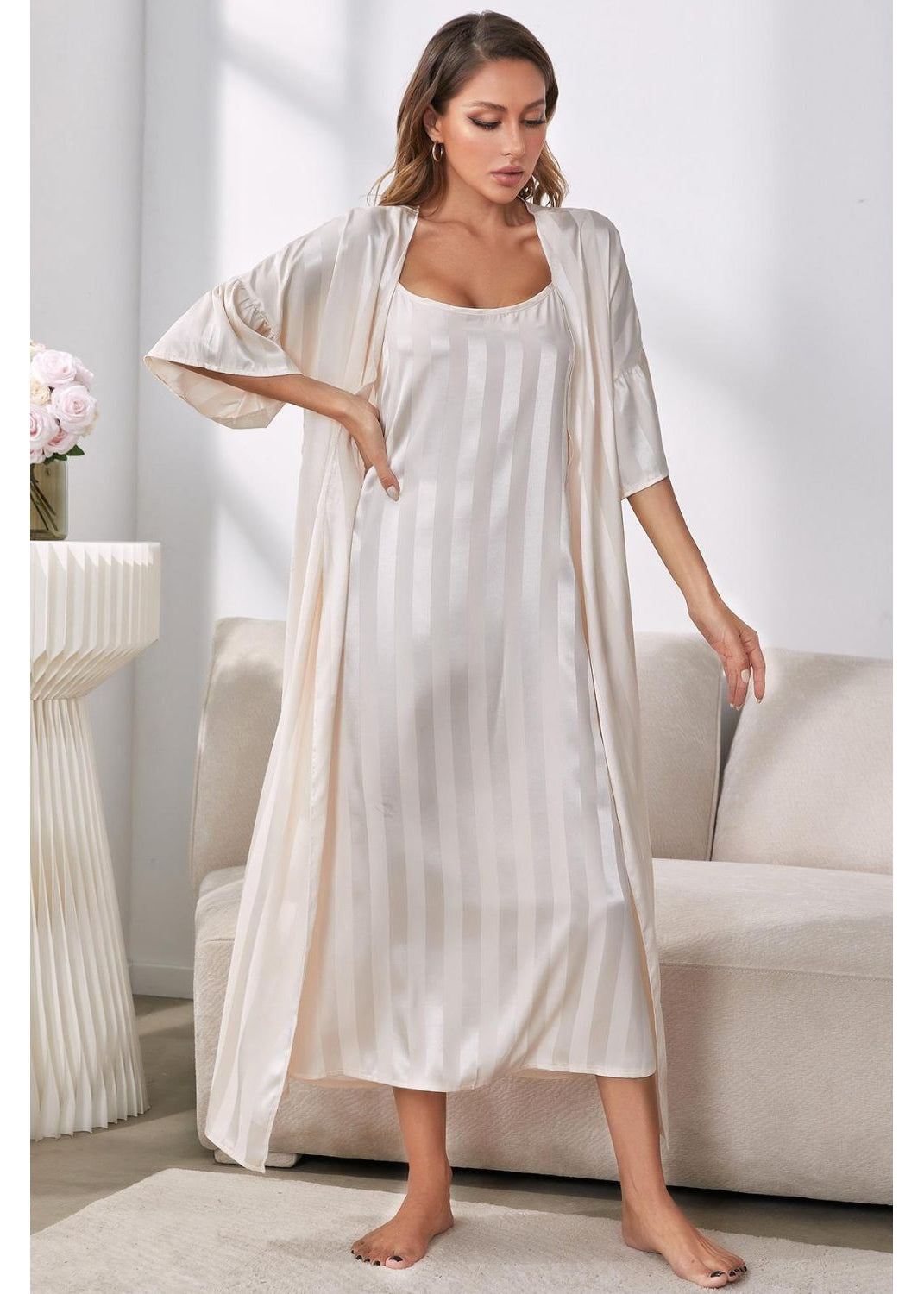 Contrast Lace Flounce Sleeve Chiffon Robe & Ruched Bust Cami Dress PJ Set